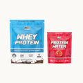 Two protein product packages, one blue and one red, on a white background.