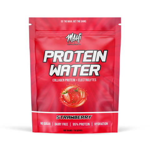 Red package of Malti Protein Water Strawberry flavor on a white background