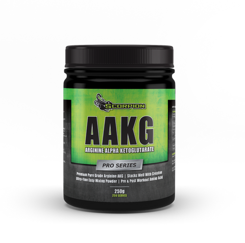 AAKG supplement container with green label and black lid on a white background