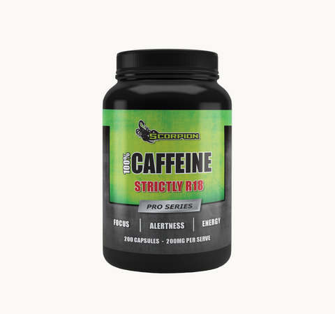 Black supplement container with green label on a white background