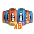 Six cans of BOOM energy drinks in different flavors on a white background